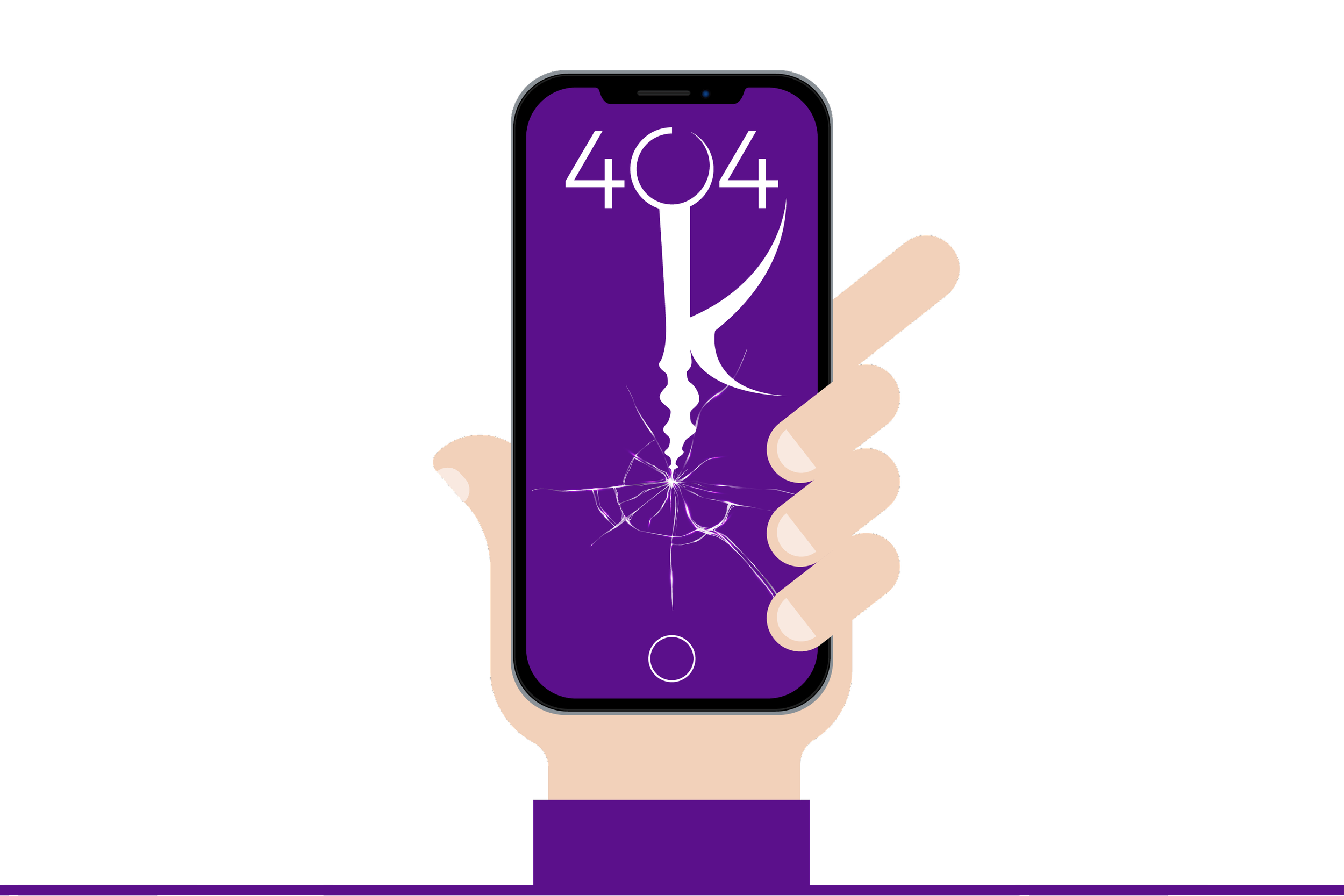 Illustrazione di una mano che tiene uno smartphone con uno schermo rotto. Sullo schermo c'è il numero "404" e un simbolo bianco su sfondo viola.