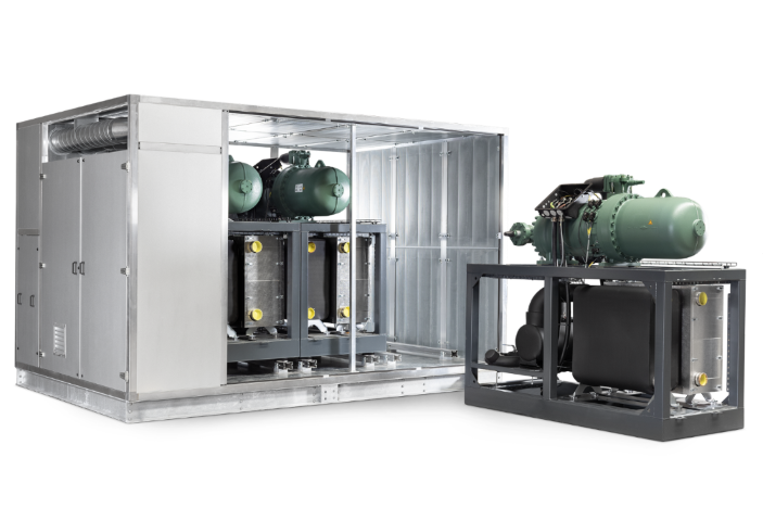 HCI-3000 isobutane heat pump from Fenagy. One compressor is outside enclosure for better viewing.