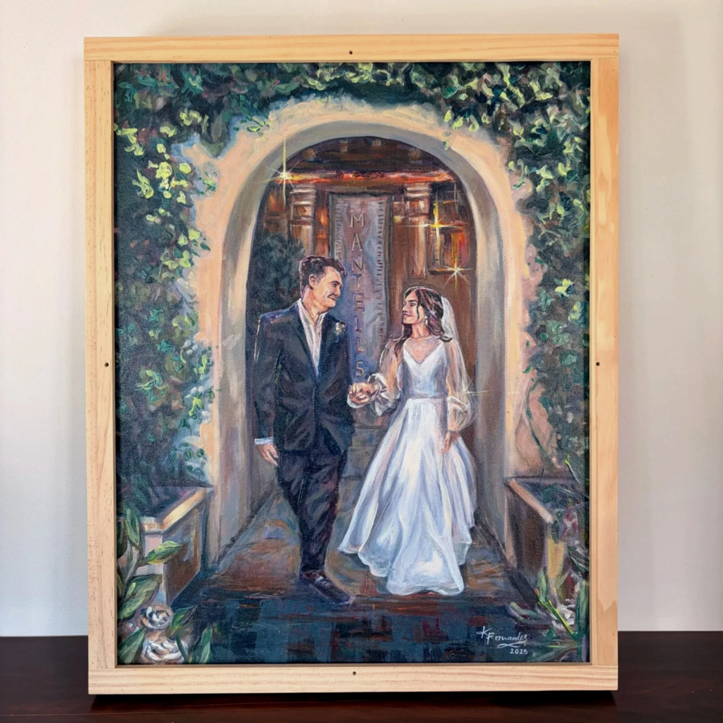 A painting of a bride and groom holding hands and walking through an arched, ivy-covered doorway at night. The groom is in a black suit, and the bride is in a white wedding dress with a veil. The background shows warm lighting and greenery.