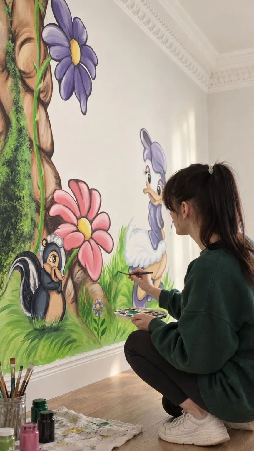 Artist painting a colourful wall mural with cartoon characters and flowers