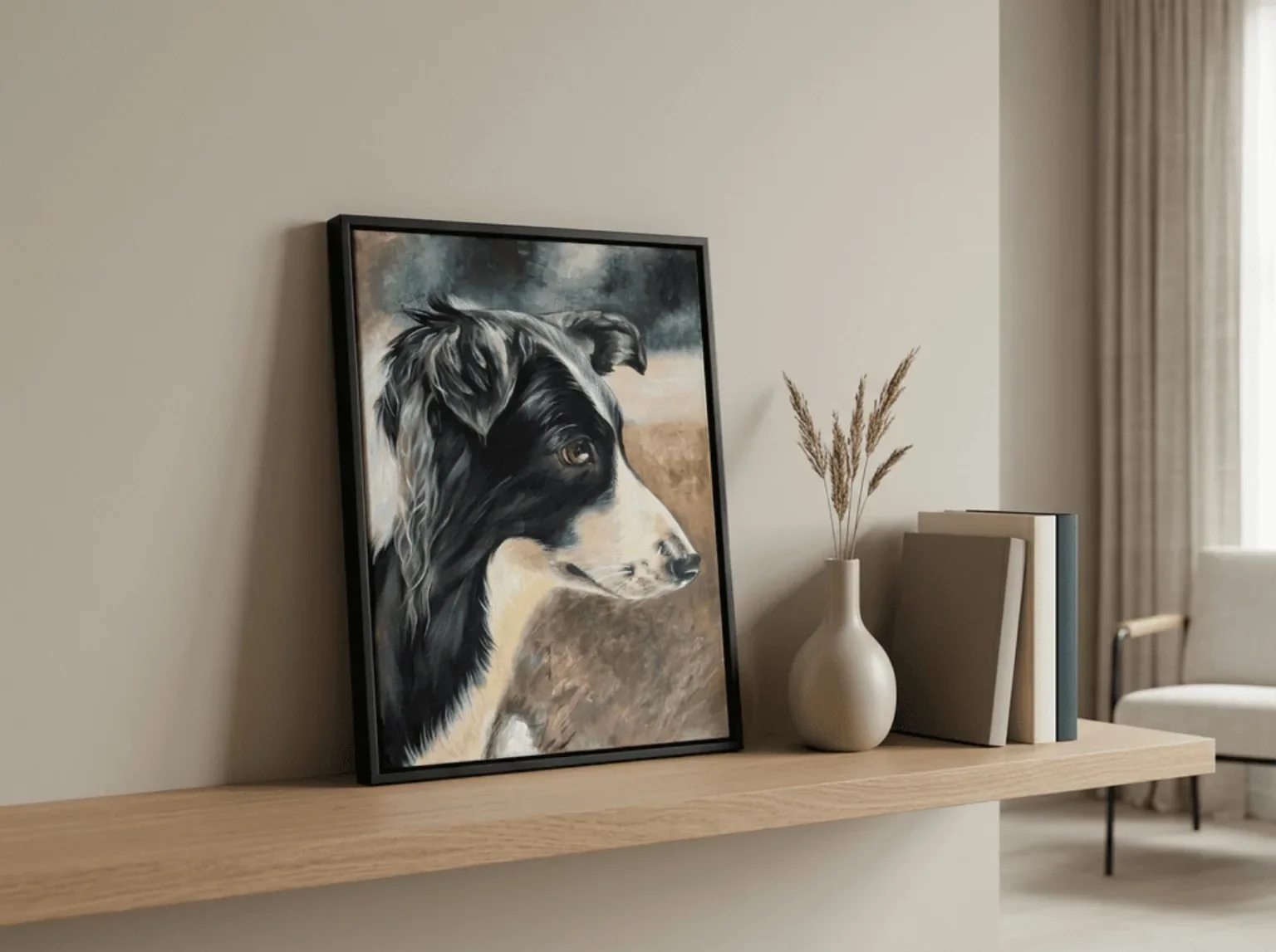 Custom pet portrait painting of a dog displayed in a modern interior