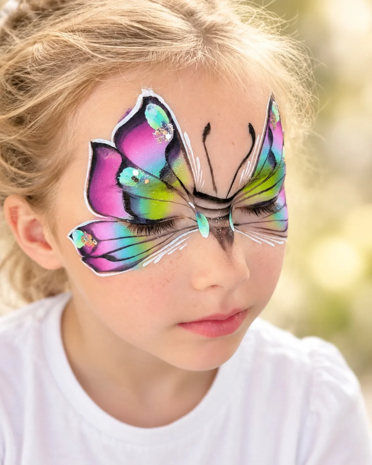 Colourful butterfly face painting for a child at a kids party in Dublin
