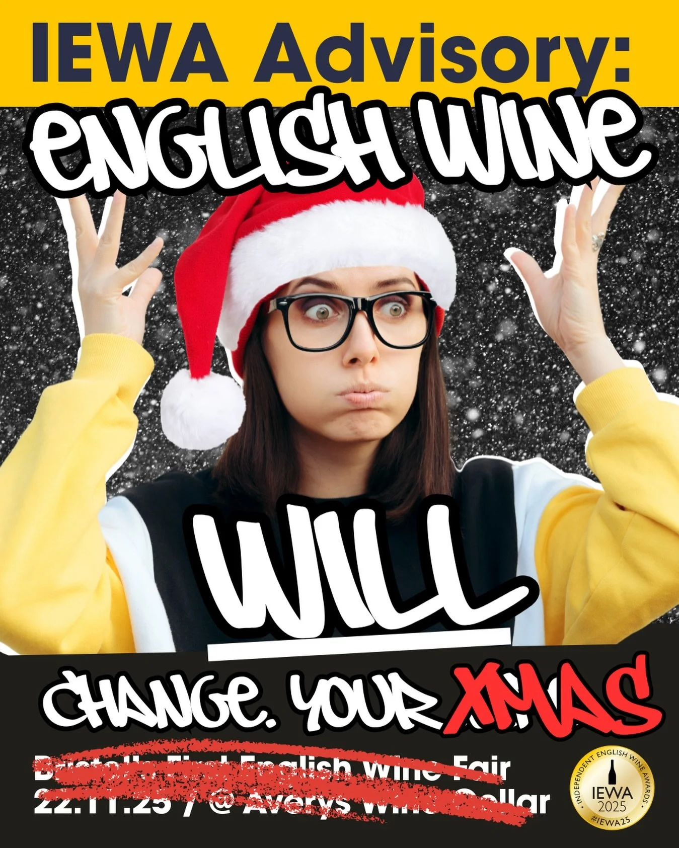 Mind-blown red beanie lady - Christmas edit 🎄🤶🥂

You&rsquo;ll have seen the promo posters for our recent English wine fairs, in which this &lsquo;mind blown&rsquo; stock image person appeared. OF COURSE we&rsquo;ve put a Santa hat on her 🤷🏻&zwj;