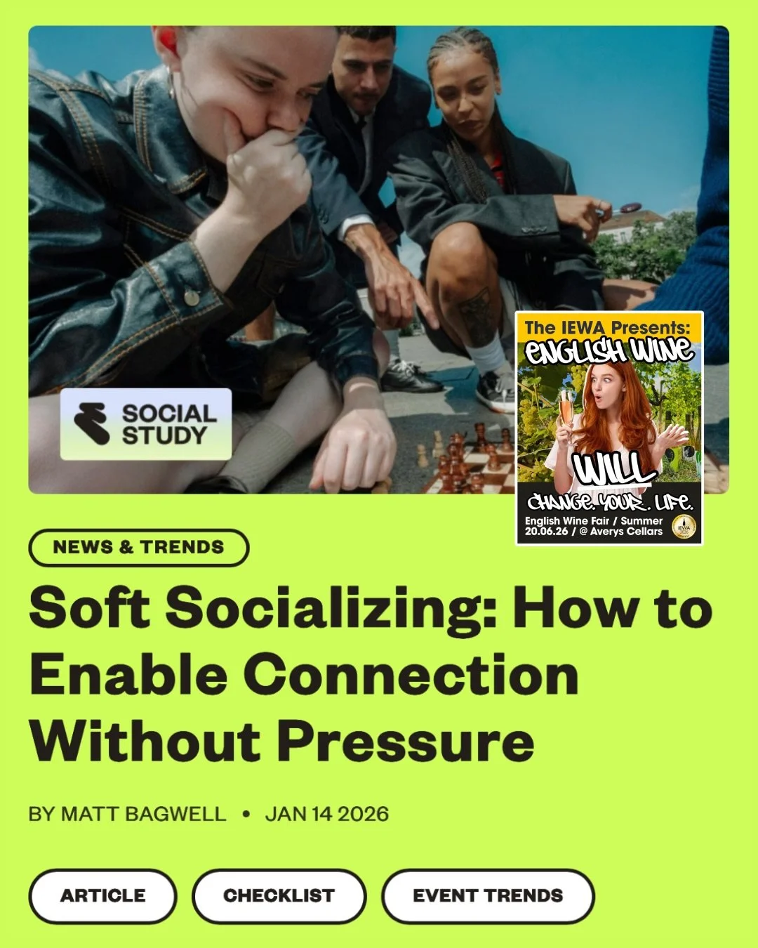 According to Eventbrite, 2026 events are increasingly about &lsquo;Soft Socialising&rsquo;.

&ldquo;Spending time together IRL isn&rsquo;t going anywhere, but connection without pressure is the new social currency. Forced chatter is a thing of the pa