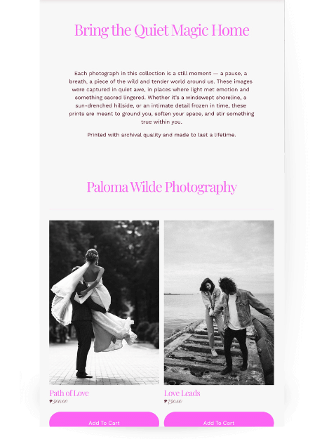 Photography website's shop page. The page is titled "Bring the Quiet Magic Home" and features a descriptive paragraph about the prints. Below the text, there are two black and white photo products for sale.