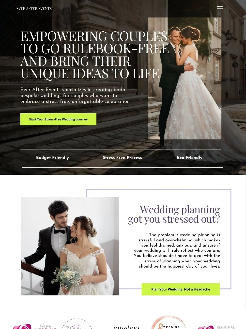 Image of the redesigned StoryBrand Squarespace version of a wedding planner’s website, featuring approachable and relatable visuals and clear messaging tailored to attract couples.