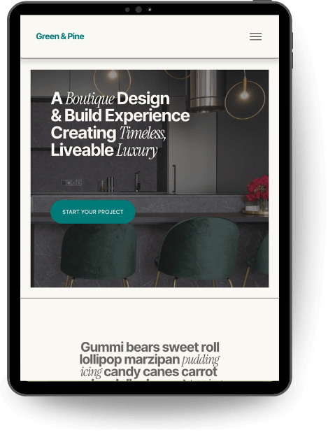 A tablet displaying a custom builder/architecture website template. The hero image features a high-end kitchen interior with bold white text: "A Boutique Design &