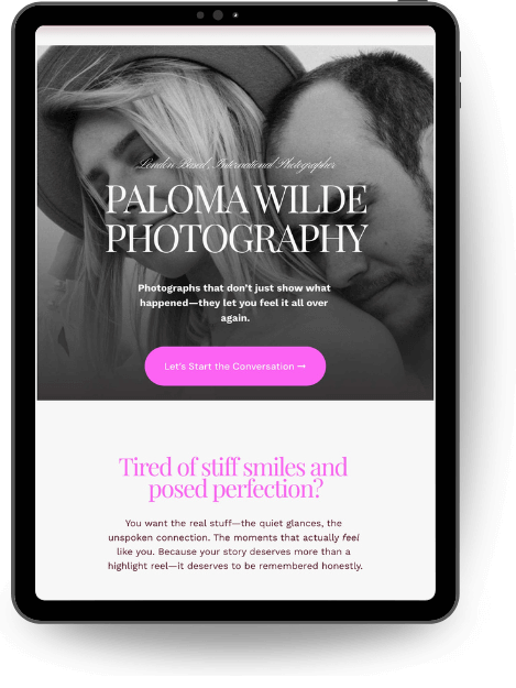A tablet displaying a Squarespace website for "Paloma Wilde Photography." The homepage features a black and white photo of a couple with the text "PALOMA WILDE PHOTOGRAPHY" overlaid. Below the image is a call-to-action button.