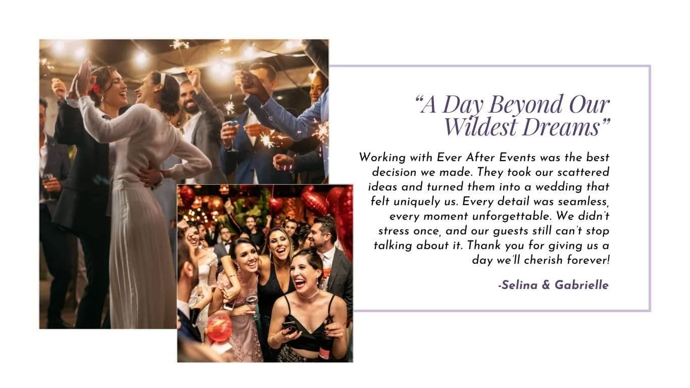 An image of a lesbian married couple dancing together as guests wave sparklers, accompanied by a smaller inset image of wedding guests laughing and enjoying drinks, supported by the text 'A Day Beyond Our Wildest Dreams'