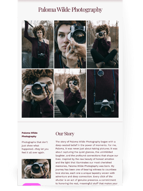 About page for "Paloma Wilde Photography," featuring a six-photo collage of the photographer in various poses outdoors. Below the collage, the heading "Our Story" is displayed next to an introductory paragraph describing the photographer's deep belie