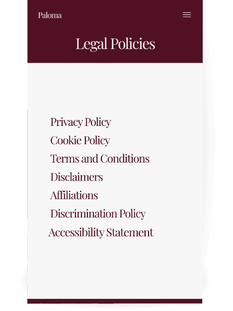 Legal policies page with a dark background and a light heading. Below the heading is a list of policies including "Privacy Policy," "Cookie Policy," "Terms and Conditions," "Disclaimers," and "Accessibility Statement."