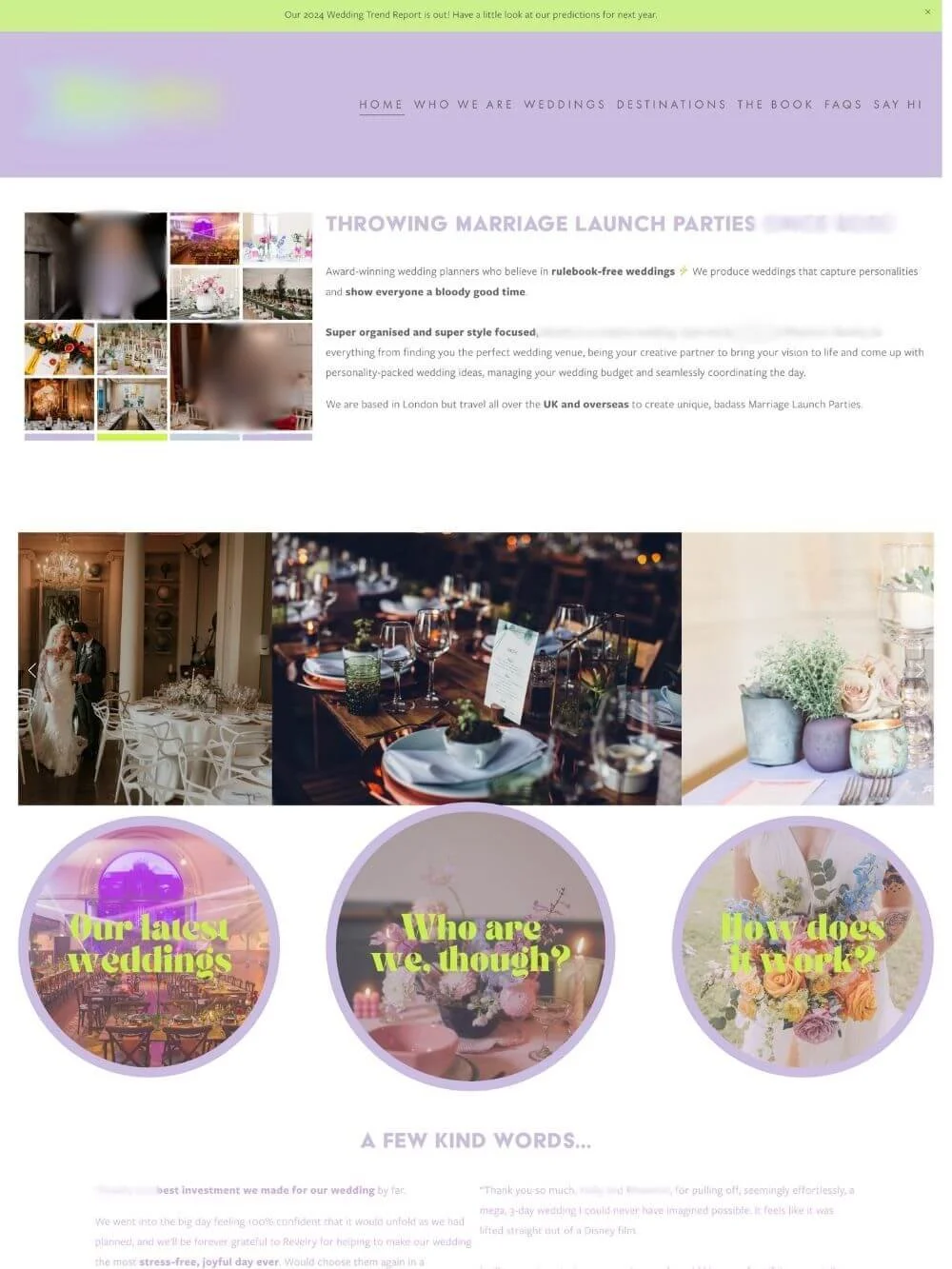 Screenshot of the outdated design of a wedding planner’s website, showing poor design elements and unclear brand messaging.