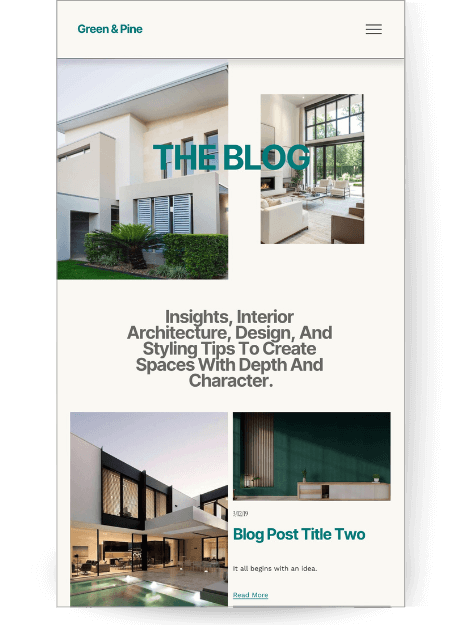 A clean, light-themed blog page for a custom builder/architecture website template, featuring the title "THE BLOG" overlaid on two images of a modern, luxury home exterior and a bright living room interior. Below the title is a description: "Insights