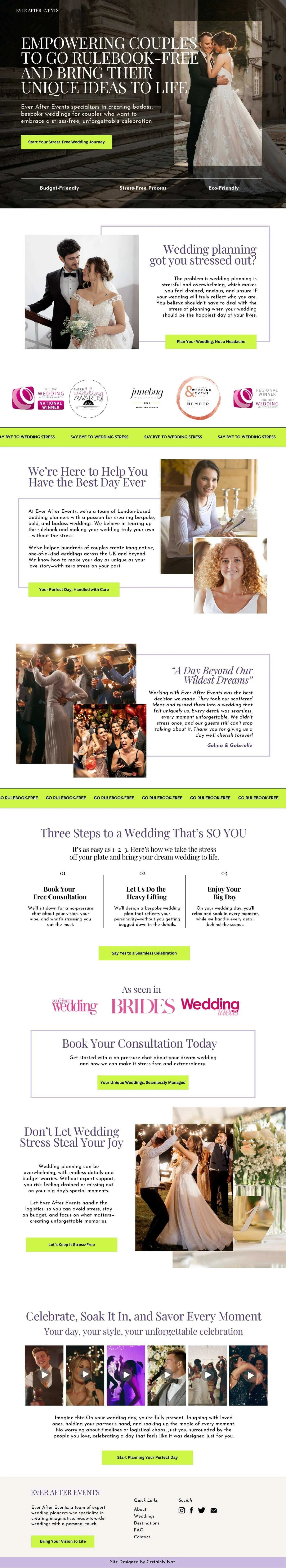 Image showcasing the entire redesigned landing page of a wedding planner’s website built with StoryBrand Squarespace, featuring elegant visuals, clear messaging, and a bold, customer-centric design to attract engaged couples.