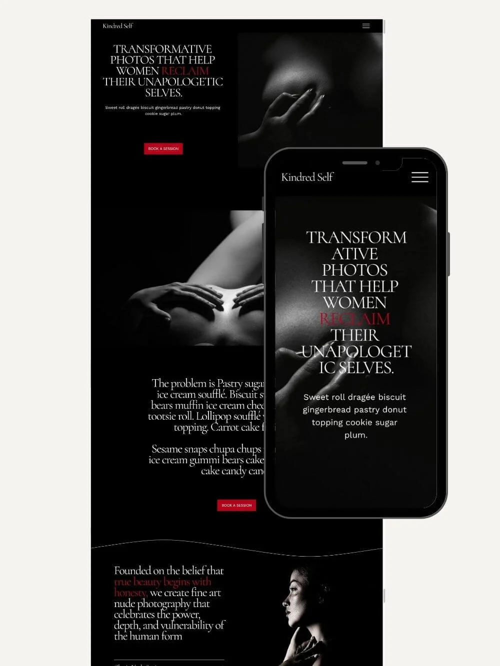 A boudoir photography Squarespace 7.1 Template on desktop and mobile, showcasing stunning galleries and portfolios. StoryBrand framework optimized for photographers, artists, videographer and cinematographers.