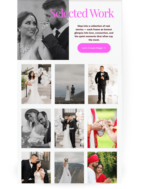 An alternative portfolio page from a photography website template. The page is titled "Selected Work" and features a grid of nine wedding and couple photos.