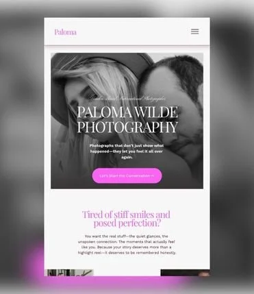 A landing page displaying a Squarespace website template for "Paloma Wilde Photography." The homepage features a black and white photo of a couple with the text "PALOMA WILDE PHOTOGRAPHY" overlaid. Below the image is a call-to-action button.