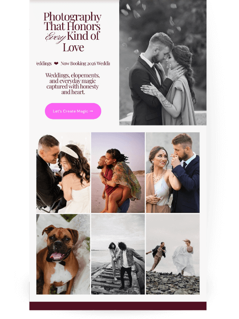 Photography website's service page. The top of the page has a large black and white image of a couple and the heading "Photography That Honors Every Kind of Love." Below this is a grid of six images showcasing various photography styles.