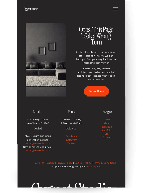 404 error page with an image of a luxury black interior. The heading says, "Oops! This Page Took a Wrong Turn" and the body text explains that the page has "wandered off." An orange "Return Home" button is included.