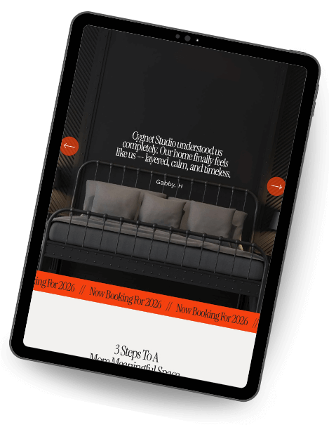 Section of a luxury interior firm website template dedicated to client testimonials. The design features a dark moody bedroom followed by a centered client quote about high standards and quality service.