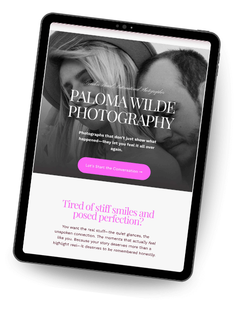 A tablet displaying a Squarespace website for "Paloma Wilde Photography." The homepage features a black and white photo of a couple with the text "PALOMA WILDE PHOTOGRAPHY" overlaid. Below the image image is a call-to-action button.