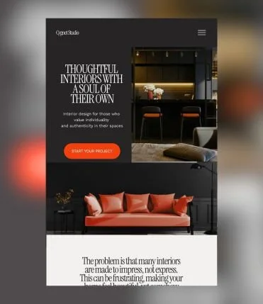 Homepage for "Cygnet" a luxury interior design website template. The dark hero section features a high-end kitchen interior with bold white text: ""THOUGHTFUL INTERIORS WITH A SOUL OF THEIR OWN."