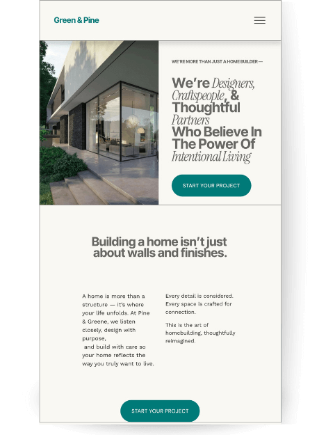 About page for "Green & Pine" a custom builder/architecture website template featuring the headline "We’re designers, craftspeople and thoughtful partnerswho believe in the power of intentional living," with a call-to-action button.