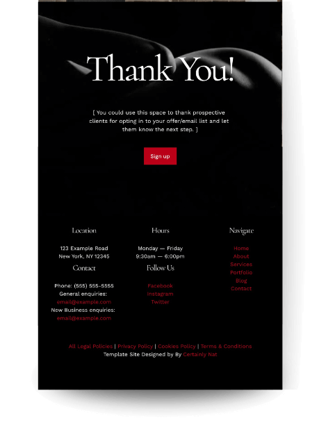 Thank you, for "Kindred Self," a dark and luxurious boudoir photography website template. Photo of a fine art boudoir image of a person lying down and the text "Thank You!" is overlaid, with a red CTA.