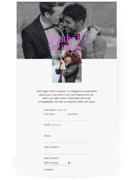 Contact page features a black and white photo of a smiling couple with the text "Ready To Start Planning?" overlaid. Below this is a smaller photo of a photographer with a camera, followed by a multi-field contact form.
