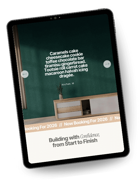 A custom builder/architecture website template featuring a dedicated testimonial section, a bold ‘Now Booking for 2026’ banner, and a StoryBrand-aligned 3-step plan introduced with the headline: Building with Confidence From Start to Finish.