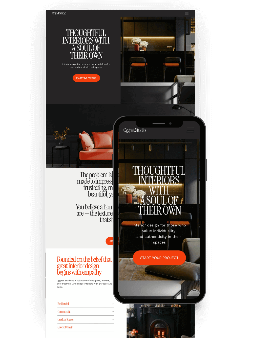 Luxury interior design website homepage displayed on desktop and mobile. The modern, dark-themed design features a sleek kitchen/bar area with orange accent seating, emphasizing thoughtful, high-end residential interiors