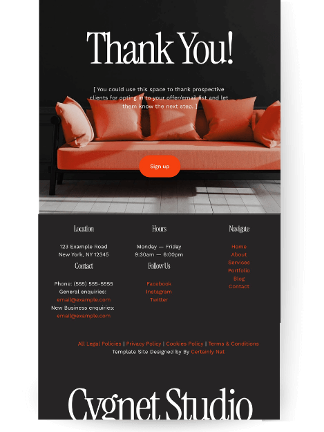 Thank you, page. Photo of on orange sofa against a moody black interior, and the text "Thank You!" is overlaid. Below the text is 