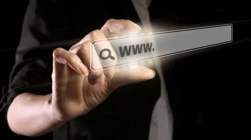 A close-up of a hand holding a transparent search bar displaying "www." and a magnifying glass icon, representing the foundation of well-structured URLs for SEO.
