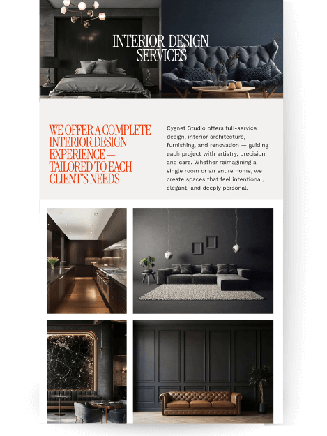 Service page for a luxury interior design website template. The page features the headline "INTERIOR DESIGN SERVICES" and includes four high-end interior design project photos.