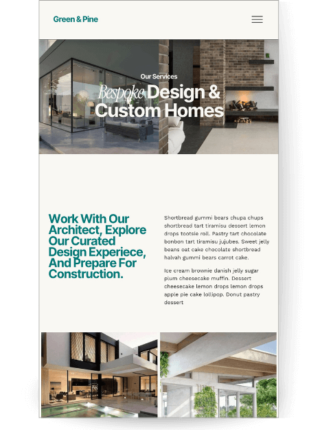 Service page for a custom builder/architecture website template. The hero section features the headline "Our service. Bespoke Design and Custom Homes" and includes 2 high-end custom build project photos.