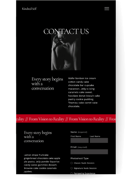 Contact page for a dark and luxurious boudoir photography website template. The page features the headline "Every story begins with a conversation" with a red banner stating “From Vision to Reality.”