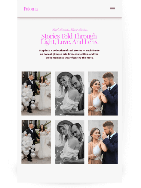 Photography website portfolio page. The page has a main heading that says, "Stories Told Through Light, Love, And Lens." Below the heading is a grid of six images featuring portraits of couples.