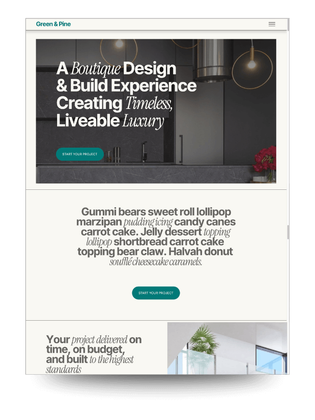 One week Squarespace website service using a StoryBrand inspired framework for home builders, interior designers and architects. Hero features a photo of a high-design kitchen with a headline and call to action button.