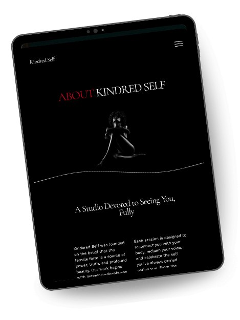 Tablet displaying a boudoir photography website template's "About" page, featuring an artistic silhouette image and the heading “About Kindred Self.”