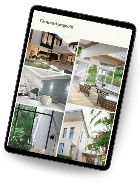 A custom builder/architecture website's "Featured projects" section, featuring a grid of six high-end custom home images. The photos show modern, luxurious architectural designs, including an interior and exterior shots of contemporary homes.