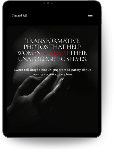 A tablet displaying a boudoir photography website template. The hero image features an intimate, low-key black and white close-up photograph with the headline “Transformative photos that help women reclaim their unapologetic selves.”