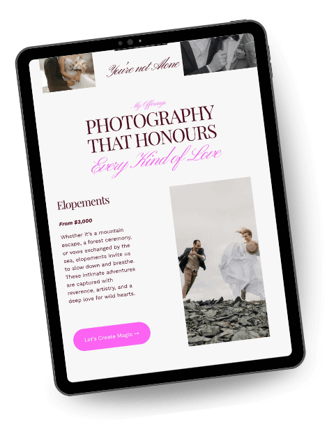 A tablet showing a photographer's service page, titled "Photography That Honours Every Kind of Love." The page features a section on "Elopements," with a photo of a couple running on a rocky shoreline with text describing elopement packages.