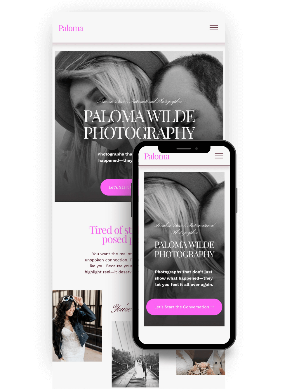 A landing page and a smartphone, both displaying the “Paloma Wilde” Photography website. The smartphone shows a close-up of the mobile-responsive design, highlighting the prominent hero image and "Let's Start the Conversation" call-to-action button.