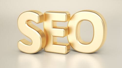 Gold 3D letters spelling 'SEO', representing Search Engine Optimization best practices.