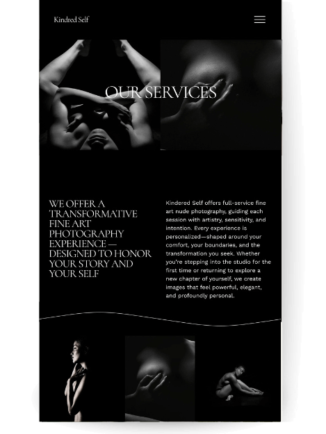 Service page for a boudoir photography website template. The page features the headline "OUR SERVICES" and features bold text, and fine art boudoir photography visuals, detailing the transformative experience offered.