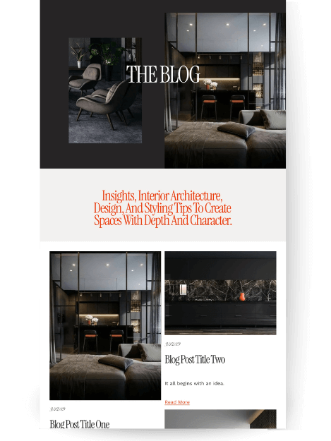 A modern, dark-themed blog page for a luxury interior design website template, featuring the title "THE BLOG." The page showcases large, high-end interior photography with two blog post previews visible.