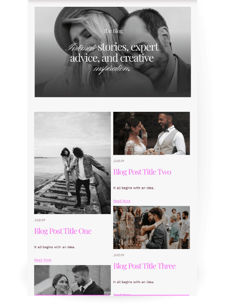 Photography website's blog page. At the top is a large black and white hero image of a couple with the text "The Blog" and a subheading "Intimate stories, expert advice, and creative inspiration." Below the hero image, the page shows a grid of four 
