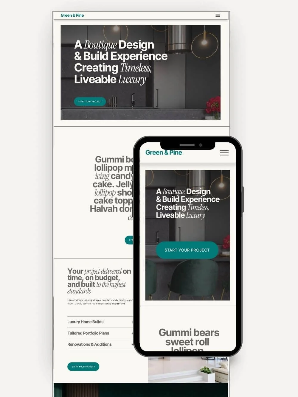 A custom builder/architecture website homepage displayed on desktop and mobile showing how the StoryBrand framework is applied to the landing page design: featuring the hero, , identifying the problem, and introducing the guide.