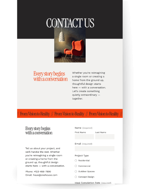 Contact Us page for the interior design website template. The page features the headline "Every story begins with a conversation" and explains that thoughtful design starts with a discussion, whether for a single room or an entire home. 