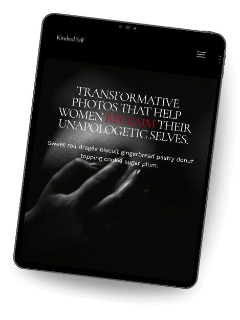 A tablet displaying a boudoir photography website template. The hero image features an intimate, low-key black and white close-up photograph with the headline “Transformative